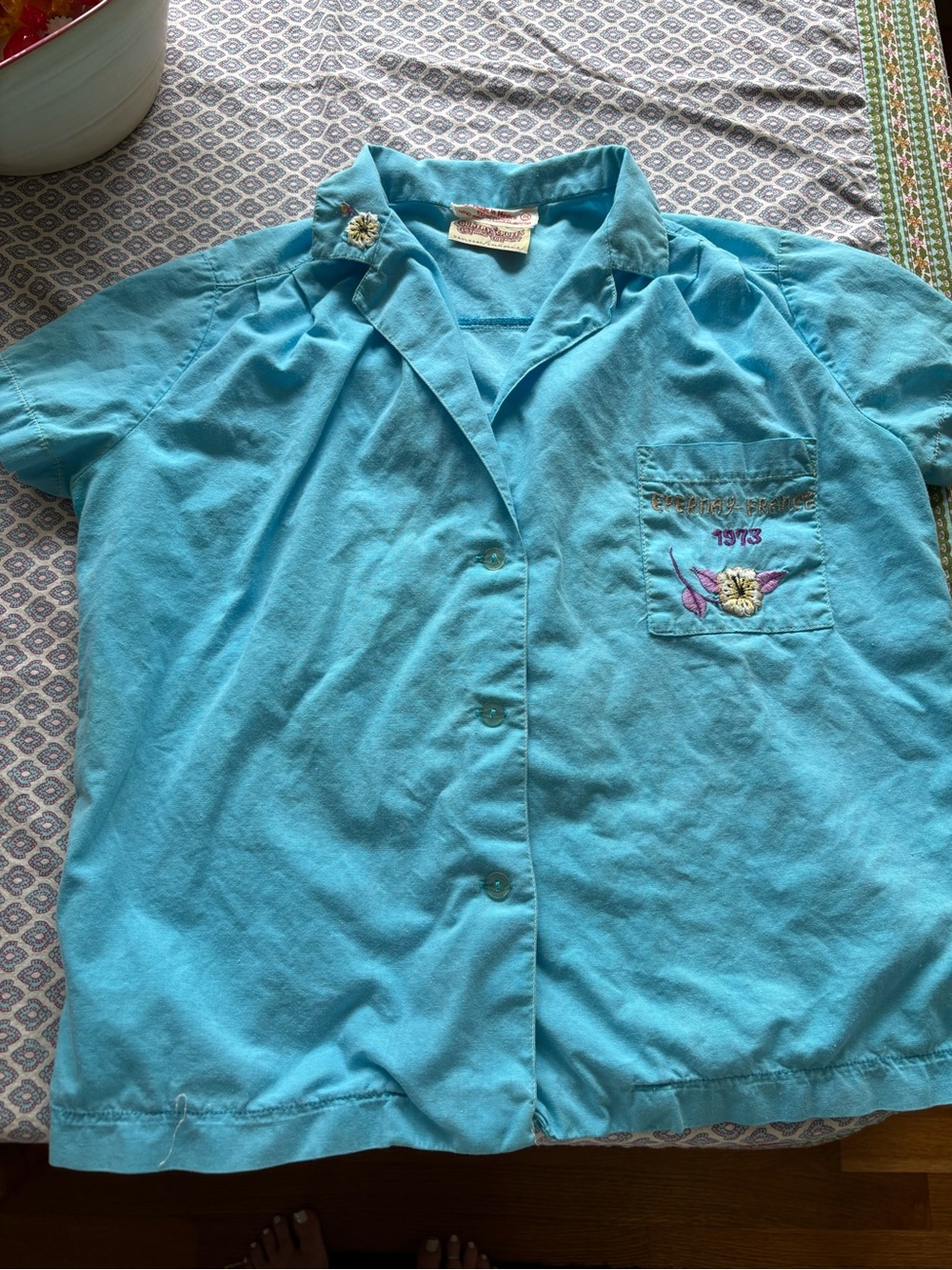 Womens Turquoise Embroidered Button-Up Top - Gold Medal